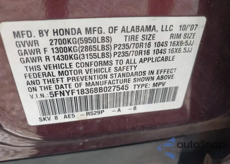 2008 Honda Pilot Se from USA, damaged, VIN 5FNYF18368B027545
